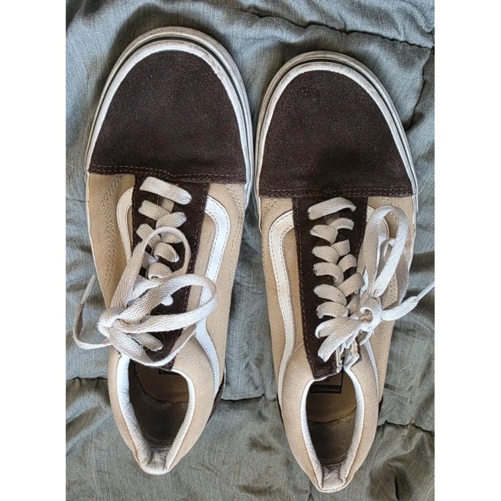 Vans Old Skool Customs Brown Tan Suede Canvas Skate Shoes Mens 8 Womens 9.5